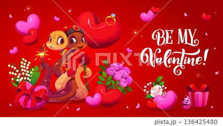 Be my Valentine greeting card with cute snakes couple and gifts, romantic love holiday. Cartoon snakes characters hugging with pink hearts, flowers, gift boxes and wedding ring, Valentines love card 136425480