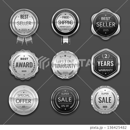 Silver award seals, best seller badges and labels, special offer medals with laurel wreaths and ribbons. Vector badges featuring silver medals for special offers, and business achievements Silver award seals, best seller badges and labels, special offer medals with laurel wreaths and ribbons. Vector badges featuring silver medals for special offers, and business achievements 136425482