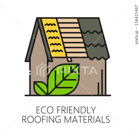 Home roof eco friendly materials repair line icon or sign. Cottage construction ecological materials sign, house roof renovation vector pictogram. Property roofing service symbol or outline icon Home roof eco friendly materials repair line icon or sign. Cottage construction ecological materials sign, house roof renovation vector pictogram. Property roofing service symbol or outline icon 136425487