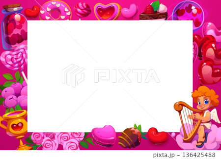 Valentine Day holiday greeting card template with vector background frame of romantic love gifts and Cupid character. Cartoon hearts, balloons, rose flowers and sweets Valentines Day greeting card Valentine Day holiday greeting card template with vector background frame of romantic love gifts and Cupid character. Cartoon hearts, balloons, rose flowers and sweets Valentines Day greeting card 136425488