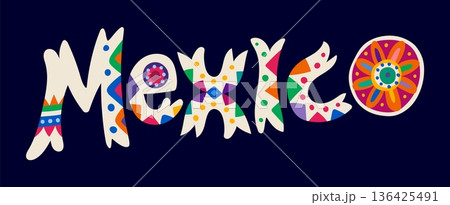 Mexican ethnic typography decoration or print. Latin American folk element, Mexico vector embroidery. Hispanic motif typography decoration with abstract ornate text, letters with ethnic pattern 136425491