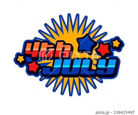 United States 4th July vintage Y2K sticker or label. USA travel vintage vector sticker, US tag. United States of America patriotic patch with firework explosion and Independence Day typography 136425497