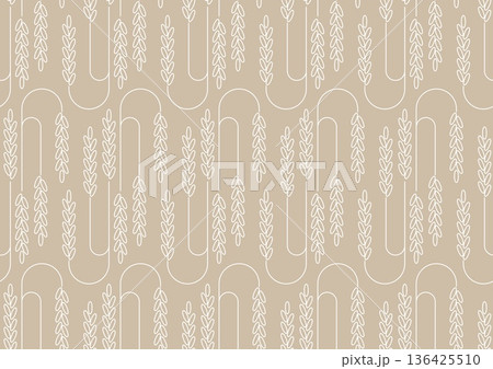 Cereal rice stalks geometric pattern background. Agricultural texture with rice grains for textile print, eco food packaging, eco food labels, farm product and wrapping paper Cereal rice stalks geometric pattern background. Agricultural texture with rice grains for textile print, eco food packaging, eco food labels, farm product and wrapping paper 136425510