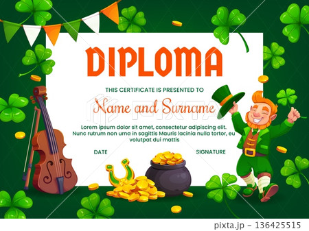 Kids diploma with funny leprechaun and St Patrick s day shamrock clovers, horseshoe, pot with gold under garland of Irish flag colors. Cartoon certificate template with flying green clover leaves 136425515