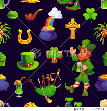 St Patrick day characters seamless pattern for Irish holiday, vector background. Saint Patrick Day pattern of funny leprechaun character with green ale tankard and bagpipes, rainbow and gold coins pot 136425521