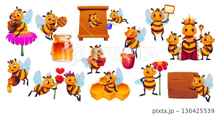 Cartoon cute honey bee characters and animal mascots set. Little student, worker and queen bee vector characters holding honey pot and stick, delivery flower nectar to beehive and showing sign boards 136425539