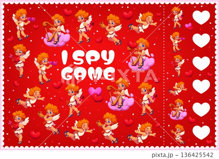 I spy game worksheet with Valentines Day cherub Cupids characters. Romantic love holiday I spy game vector puzzle quiz with cartoon Cupid angels, pierced hearts and Valentines Day gift boxes 136425542