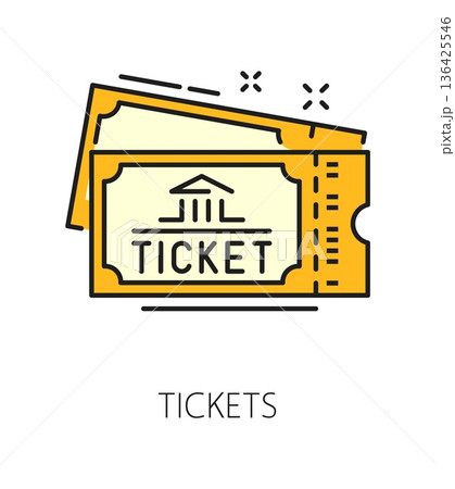 Museum art gallery and exhibition color line icon of tickets, vector pictogram. Museum exhibition and art gallery icon of tickets or entry pass coupons for artworks and masterpiece exposition 136425546