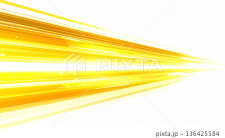 未来へ加速するイエローゴールドの光のライン、白背景に映える高速通信とデジタルエネルギーの抽象背景 136425584