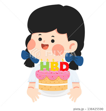 Smiling Young Girl Holding Festive Birthday Cake 136425590