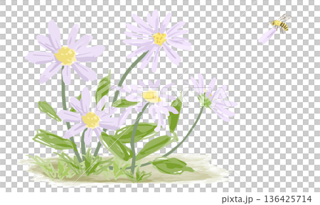 Watercolor spring flowers and bees 136425714