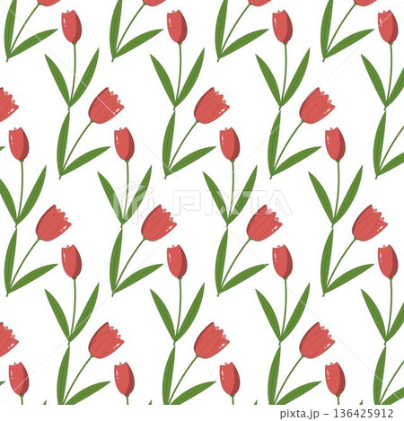 Tulip floral pattern flowers with green leaves on a light background. Perfect for spring design, fabric, wallpaper, wrapping paper, packaging, and decorative surface projects 136425912