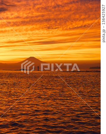 夕暮れの真名瀬海岸より富士山を望む　神奈川県葉山町 136425927