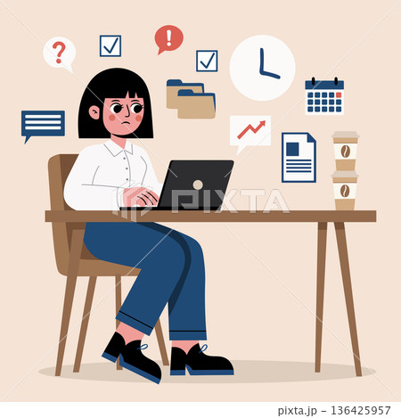 Overwhelmed stressed woman multitasking at busy desk with laptop, coffee, paperwork, vector illustration for modern work anxiety concepts Overwhelmed stressed woman multitasking at busy desk with laptop, coffee, paperwork, vector illustration for modern work anxiety concepts 136425957