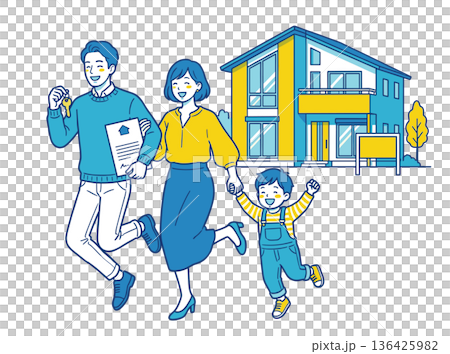 マイホームの鍵を受け取って喜ぶ家族 不動産購入・契約完了シーンのイラスト マイホームの鍵を受け取って喜ぶ家族 不動産購入・契約完了シーンのイラスト 136425982
