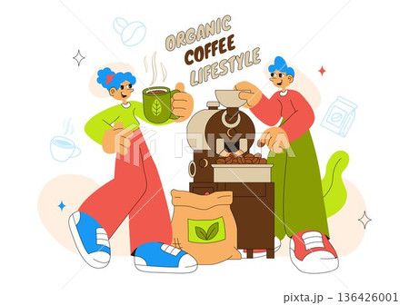 Organic Coffee Lifestyle Vector Illustration Featuring Natural Beans, Eco-Friendly Vibes, And A Healthy Morning Routine in a Flat Background Organic Coffee Lifestyle Vector Illustration Featuring Natural Beans, Eco-Friendly Vibes, And A Healthy Morning Routine in a Flat Background 136426001