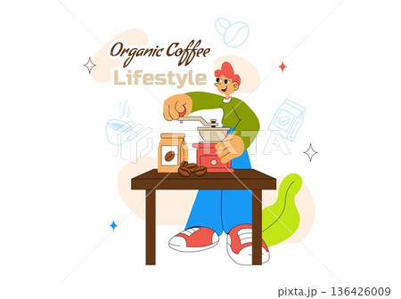 Organic Coffee Lifestyle Vector Illustration Featuring Natural Beans, Eco-Friendly Vibes, And A Healthy Morning Routine in a Flat Background 136426009