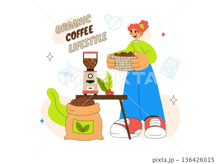 Organic Coffee Lifestyle Vector Illustration Featuring Natural Beans, Eco-Friendly Vibes, And A Healthy Morning Routine in a Flat Background Organic Coffee Lifestyle Vector Illustration Featuring Natural Beans, Eco-Friendly Vibes, And A Healthy Morning Routine in a Flat Background 136426015