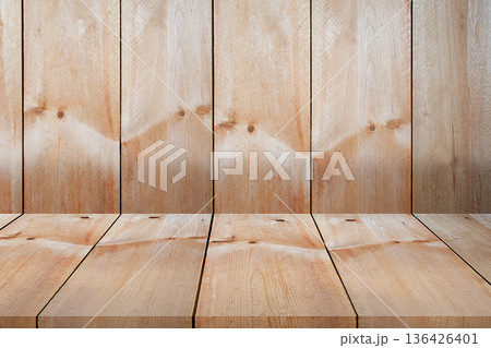 Close-up empty wooden floor and wooden wall background from inside room on vintage style 136426401
