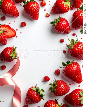 フレッシュな苺とリボンのフレーム。白背景のメッセージカード フレッシュな苺とリボンのフレーム。白背景のメッセージカード 136426454