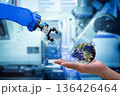 Close-up human hand who sending Globe Earth to industrial robotic automation for working 136426464