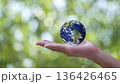 Close-up half body part from human who holding Globe Earth on hand with greenery blurred background 136426465