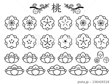 八重咲きの桃の花アイコンセット 線画 八重咲きの桃の花アイコンセット 線画 136426528