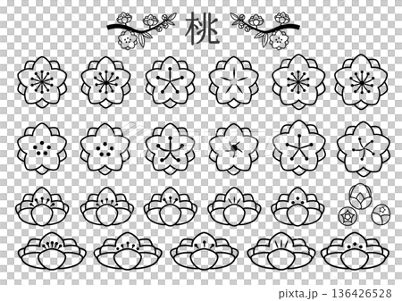 八重咲きの桃の花アイコンセット 線画 八重咲きの桃の花アイコンセット 線画 136426528