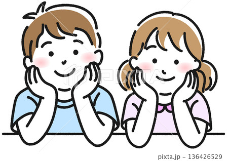 頬杖をつく兄妹　線画 136426529