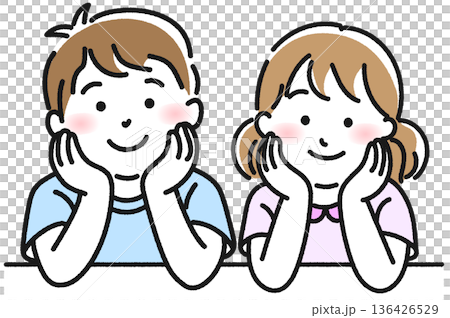 頬杖をつく兄妹　線画 136426529