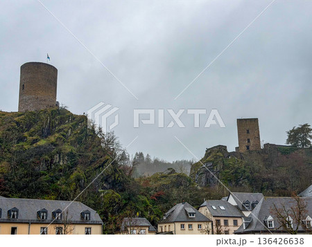 Esch-Sur-Sure, Wiltz, Grand Duche De Luxembourg, December 7, 2025, Majestic landscape with stone Esch-Sur-Sure, Wiltz, Grand Duche De Luxembourg, December 7, 2025, Majestic landscape with stone 136426638