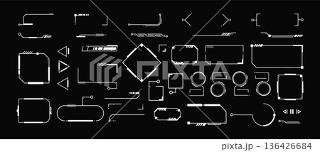 Futuristic UI interface elements. Sci-Fi frames and callouts titles. Digital technology bar, banner, panels, divider, box, high tech lines. Game graphic dashboards. Vector set 136426684