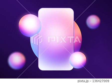 Glassmorphism vertical panel with glowing gradient spheres on purple background 136427009
