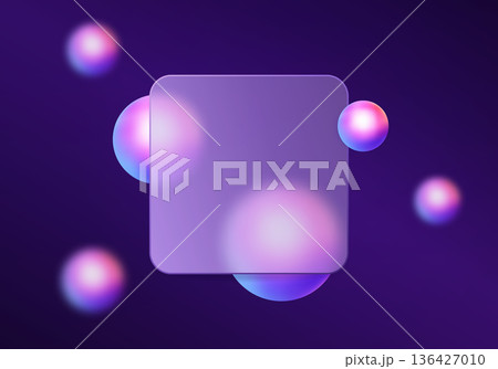 Neon glassmorphism square panel with glowing pink and blue spheres on purple background 136427010