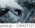 Futuristic Robot Hand Reaching Across an Abstract Cityscape Setting 136427125