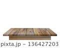Close-up empty wooden plank table top on vintage style for put object or montage product and decor on home, isolated on white background 136427203