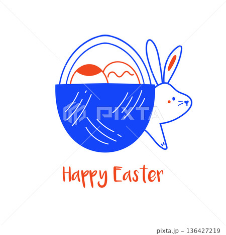 Modern Blue Line Art Easter Bunny Peeking Behind a Basket of Eggs. Modern Line Art Holiday Illustration for Print Stationery. 136427219