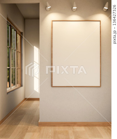 Empty frame with spotlight on white wall and wooden parquet floor corridor in gallery or exhibition 136427326