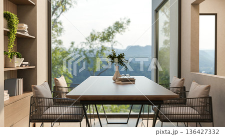 Vase and books on wooden table and metal armchairs in a room with window wall and mountain scenery. Vase and books on wooden table and metal armchairs in a room with window wall and mountain scenery. 136427332