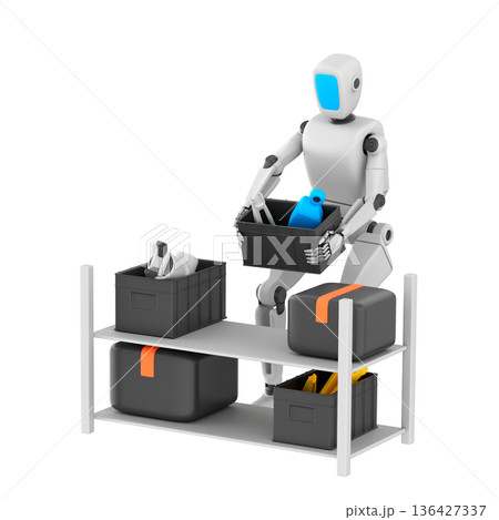 3D icon of a humanoid robot in a modern warehouse, placing a box of spare parts onto a shelf. Friendly industrial automation concept with clean details, smooth surfaces, and soft lighting. 136427337
