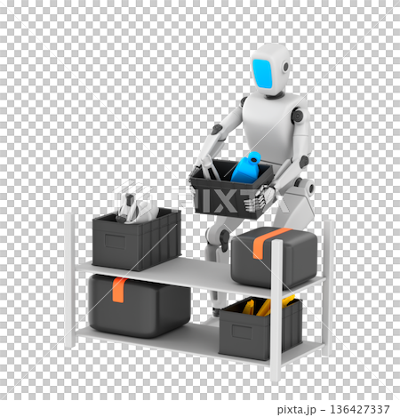 3D icon of a humanoid robot in a modern warehouse, placing a box of spare parts onto a shelf. Friendly industrial automation concept with clean details, smooth surfaces, and soft lighting. 136427337