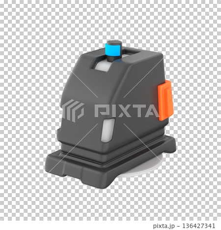3D icon illustration of an autonomous industrial cleaning robot designed for heavy-duty facility maintenance. The sturdy robotic scrubber features a wide rotating brush for actively cleaning the floor 136427341