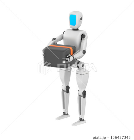 3D illustration of a humanoid robot holding a cardboard box, symbolizing automated logistics and smart warehouse work. The robot has smooth metallic surfaces, articulated joints 3D illustration of a humanoid robot holding a cardboard box, symbolizing automated logistics and smart warehouse work. The robot has smooth metallic surfaces, articulated joints 136427343