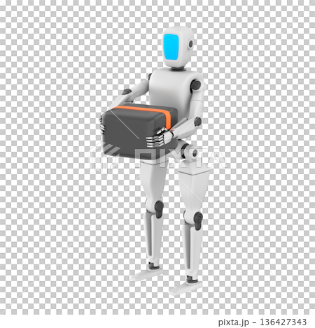 3D illustration of a humanoid robot holding a cardboard box, symbolizing automated logistics and smart warehouse work. The robot has smooth metallic surfaces, articulated joints 3D illustration of a humanoid robot holding a cardboard box, symbolizing automated logistics and smart warehouse work. The robot has smooth metallic surfaces, articulated joints 136427343