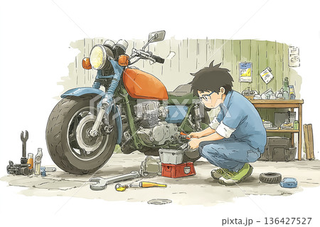 ガレージで愛車を整備する男性ライダーの穏やかなメンテナンス風景 136427527