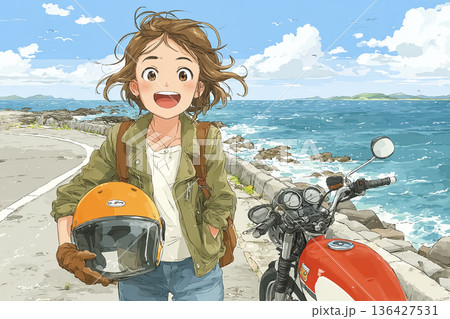 海を見に来た女性ライダーのゆったりした休日バイクシーン 136427531