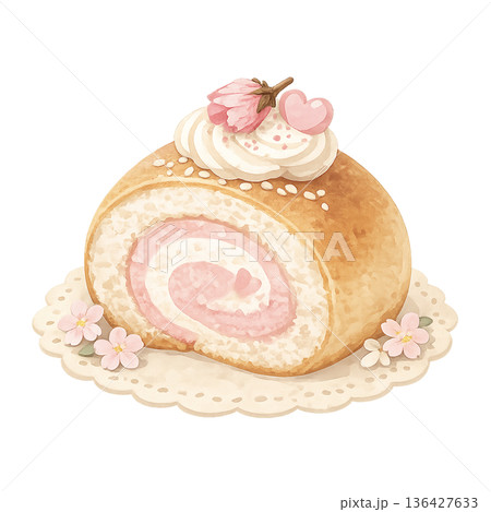 桜ロールケーキ　単体(背景透過) 136427633