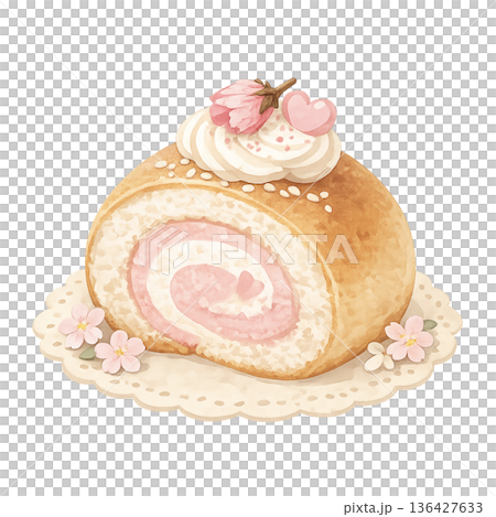 桜ロールケーキ　単体(背景透過) 136427633