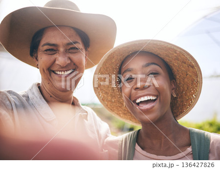 Farming, smile and selfie of women in greenhouse, sustainable small business and agriculture. Portrait of happy friends at vegetable farm, diversity and growth in summer with agro entrepreneurship. 136427826