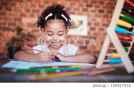 Homework, writing and child at home with smile, learning and happy for project. Young girl, problem solving and knowledge development at a house with student education and notes at table for school 136427918